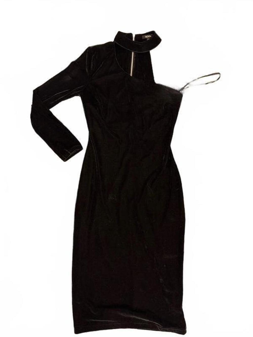 Y2K XOXO Black Velvet Midi Party Dress Medium One Shoulder Choker Collar Holiday